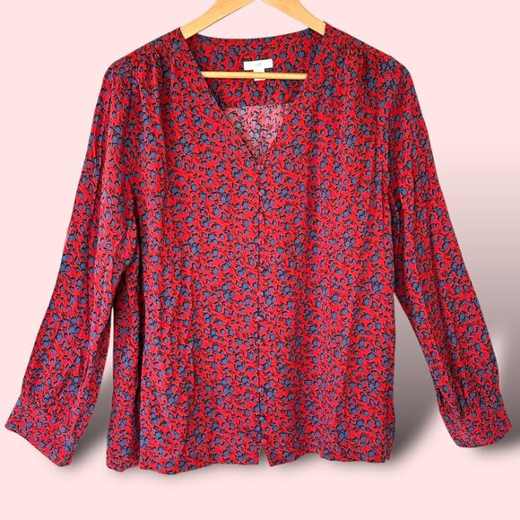 J Jill Top Women Medium Red Blue‎ Floral Button Front Blouse V Neck Rayon Large - Picture 1 of 9